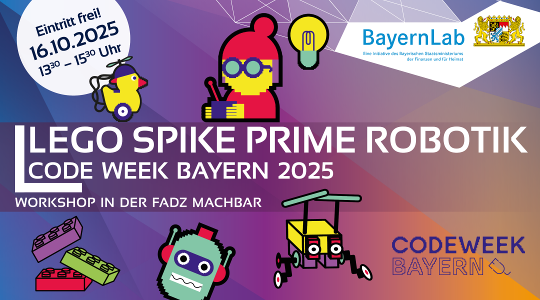 Veranstaltungsgraphik zur Code Week Bayern 2025 - BayernLab Forchheim on Tour. Bunter Hintergrund mit verschiedenen bunten Aufklebern im Codeweek Design, sehr einfach und bunt. Zu sehen ist ein Laptop mit Maus, eine Roboter Ente, ein Hüpfer-Roboter, Lego Steine, ein 3D-Drucker, eine VR-Brille und ein Roboterkopf. In einem Kreis steht der Text 