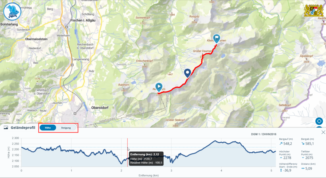 Screenshot aus dem BayernAtlas, Routing mit Geländeprofil